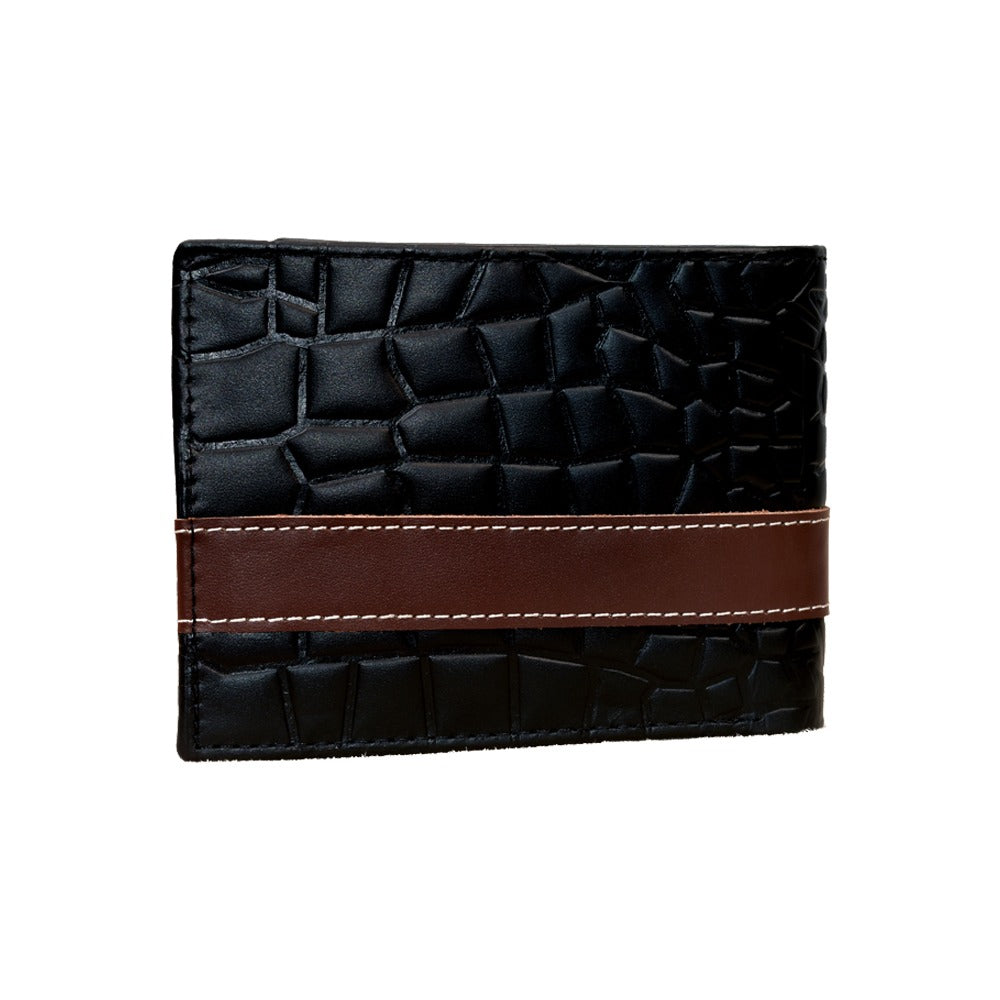 Men’s Croc-Texture Cow Leather Wallet – Black with Maroon Strip | Stylish Bifold Slim Wallet