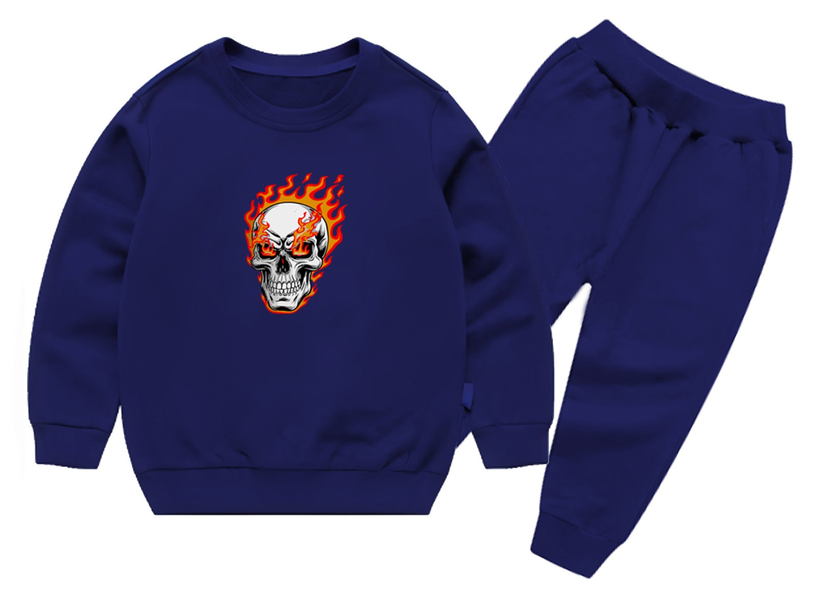 Kids Navy Blue Ghost Skull Printed Tracksuit Set | Winter Fleece Sweatshirt & Trouser Outfit for Boys & Girls – Warm, Trendy & Cool | FOR BABY AND KIDS