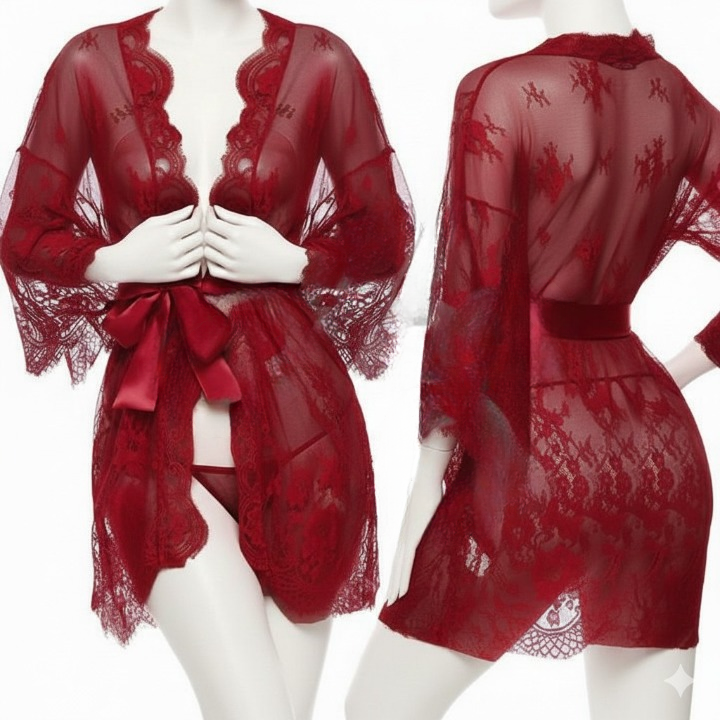 Single Pcs Women’s Net Transparent Sheer Lace Robe Gown – Long Sleeve Free-Size Nightwear With Satin Belt For Elegant And Stylish Comfort (DC-1051)