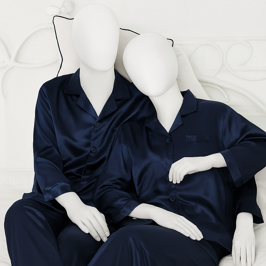 Couple Night Suit Silk Satin Pajama Set – Long Sleeve Top & Pants |  SKU: DC-C011 (4 Pcs)