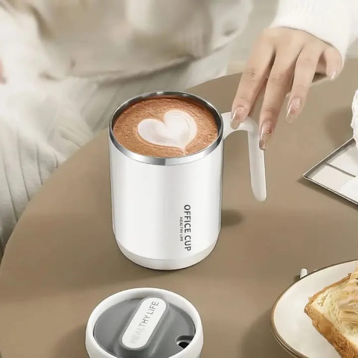 Office Cup: 500ml Double-Walled Stainless Steel Coffee Mug with Ergonomic Handle, Splash-Proof Lid, and Minimalist "Healthy Life" Aesthetic for Home & Workspace