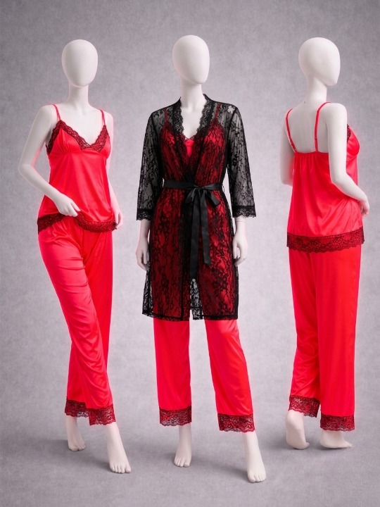 Elegant 3-Piece Women's Nightwear Set – Silk Cami, Pyjamas & Lace Robe (Free Size)
