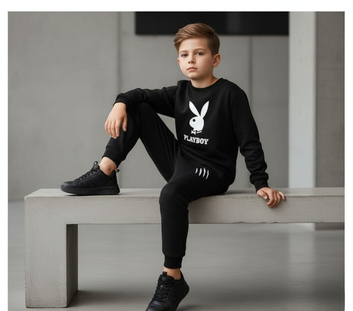 Kids PLAYBOY Printed Stylish Black & Black Tracksuit Set | Winter Fleece Sweatshirt & Trouser Outfit for Boys & Girls – Warm & Trendy FOR BABY AND KIDS