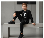 Kids PLAYBOY Printed Stylish Black & Black Tracksuit Set | Winter Fleece Sweatshirt & Trouser Outfit for Boys & Girls – Warm & Trendy FOR BABY AND KIDS