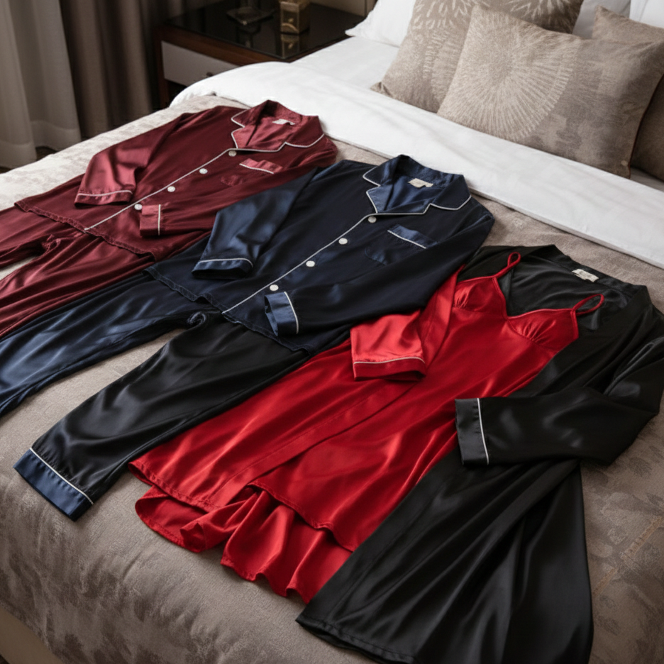 Couple Night Dress Silk Sleepwear Set – 4-Piece Pajama & Robe Set | SKU: DC-C012