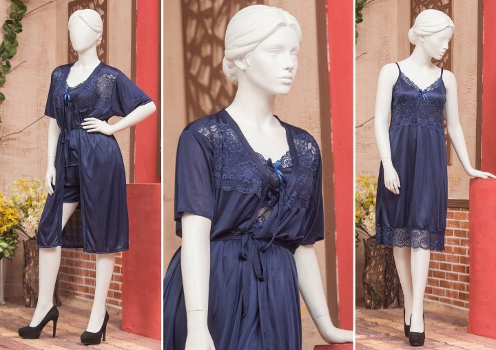 3 Pcs Luxury Silk Nightwear Set with Lace Trim – Satin Sleepwear for Women Free Size