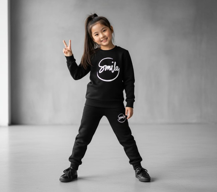 Kids SMILE Printed Stylish Black & Black Tracksuit Set | Winter Fleece Sweatshirt & Trouser Outfit for Boys & Girls – Warm & Trendy FOR BABY AND KIDS