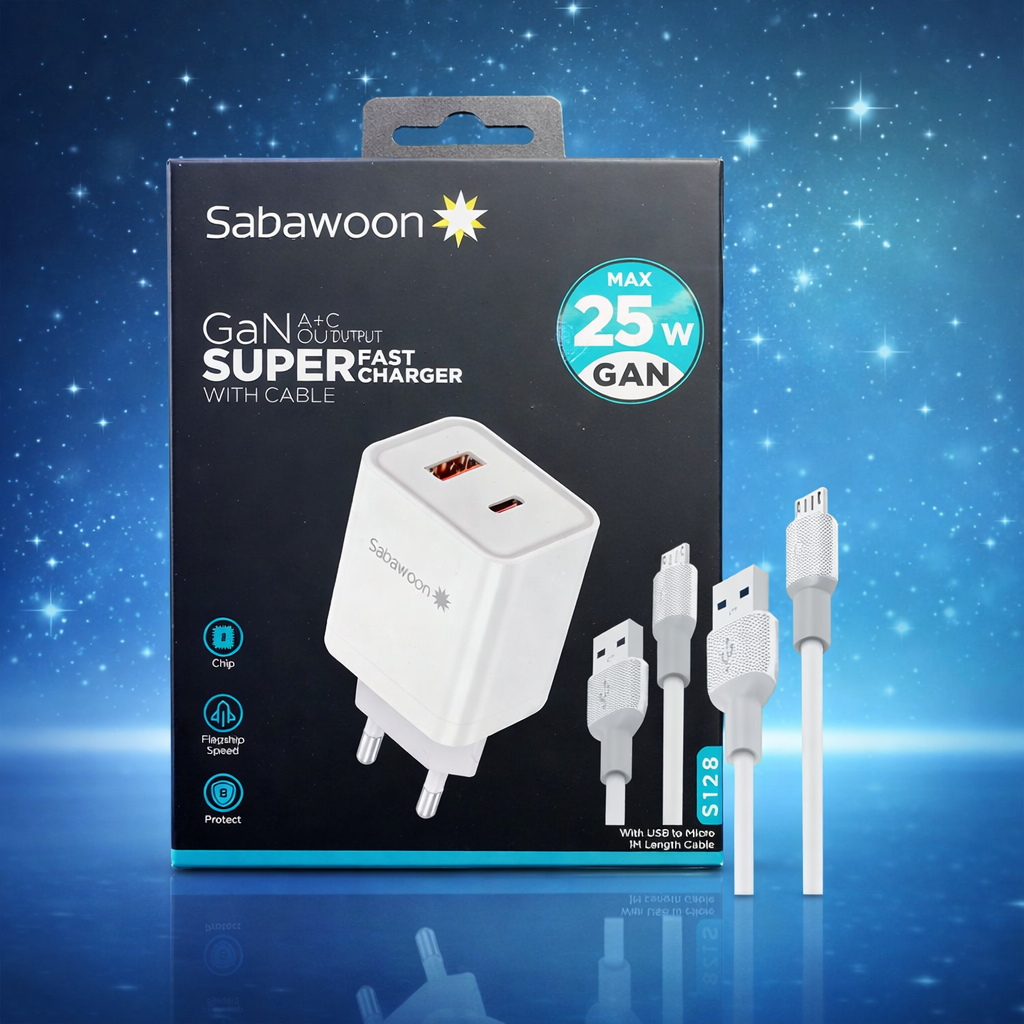 Sabawoon 25W GaN A+C Super Fast Charger Perfect for smartphones earbuds & tablet with Cable