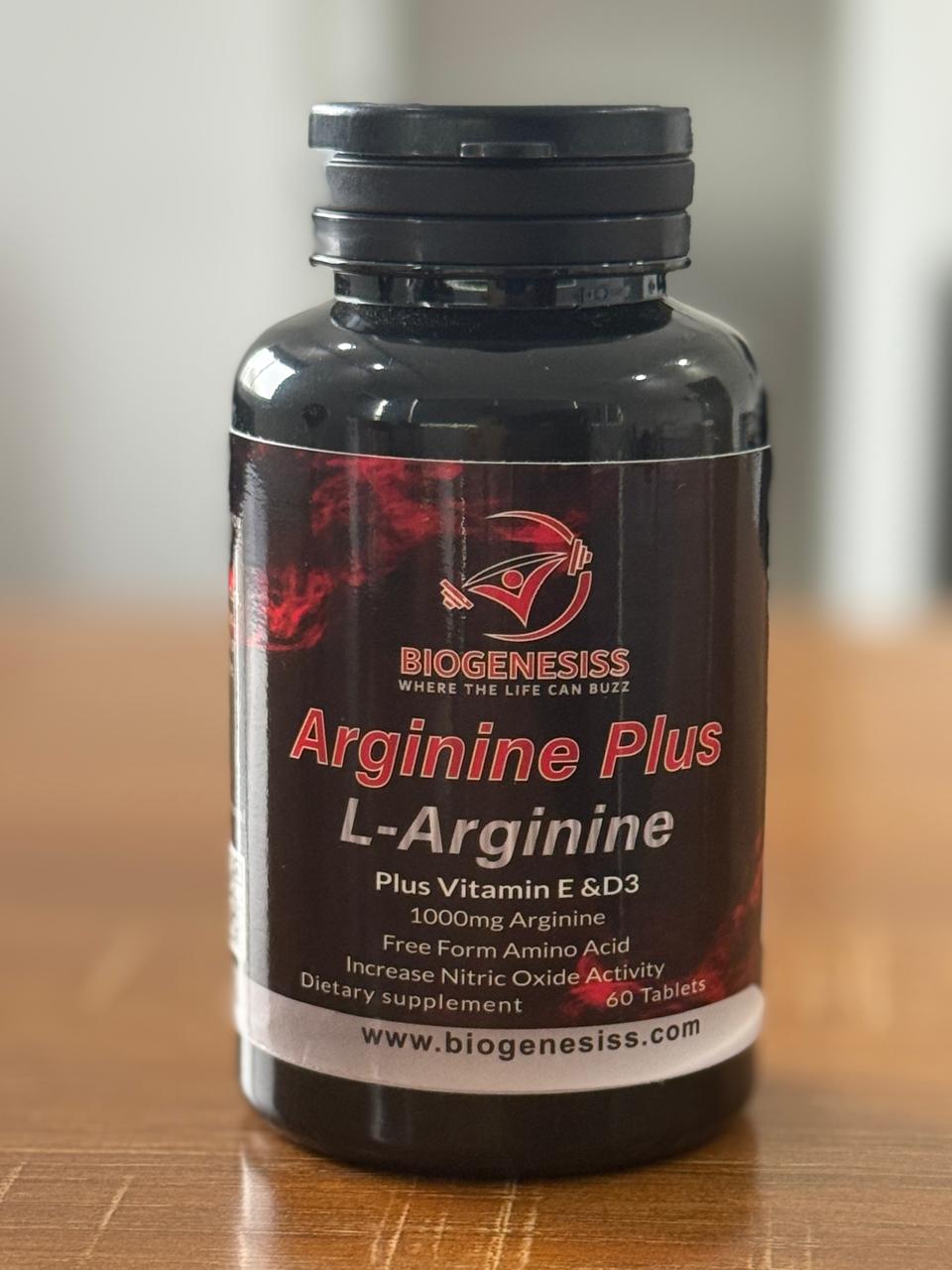 Biogenesiss Arginine Plus Premium L-Arginine Complex – 1000mg Free Form Amino Acid with Vitamins E & D3 for Nitric Oxide Boost, Circulation, and Muscle Recovery (60 Tablets)