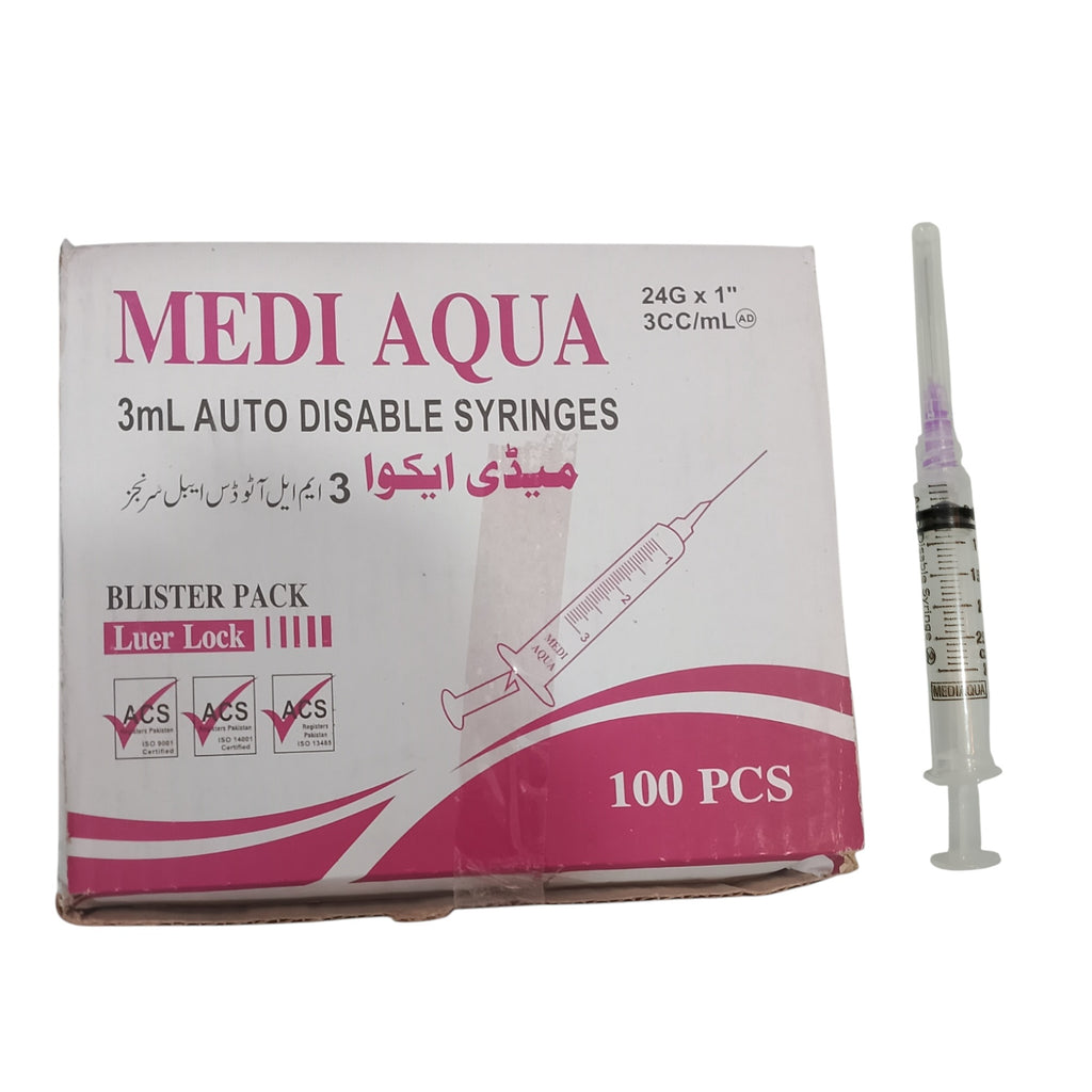 Medi Aqua 3cc Syringes – Precision, Safety & Comfort for Medical Use, Designed for Accurate Dosage, Smooth Injection & Reliable Patient Care Every Time (Pack of 100)