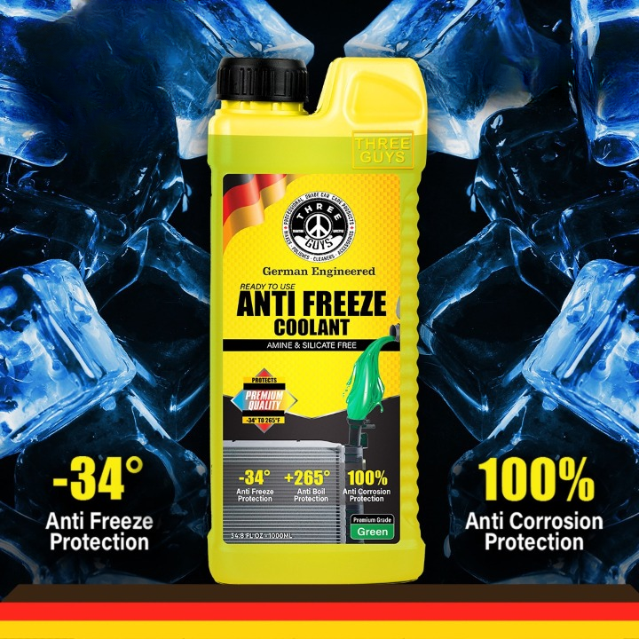 THREE GUYS Antifreeze Coolant Green – Long Life Ready-to-Use Coolant | IAT Formula | Radiator Coolant for Car, SUV & Bike Engines | Rust & Freeze Protection | 1L