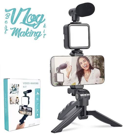AY-49 Vlogging Kit | Portable Video Recording Setup with LED Light, Shotgun Mic & Flexible Tripod without Remote