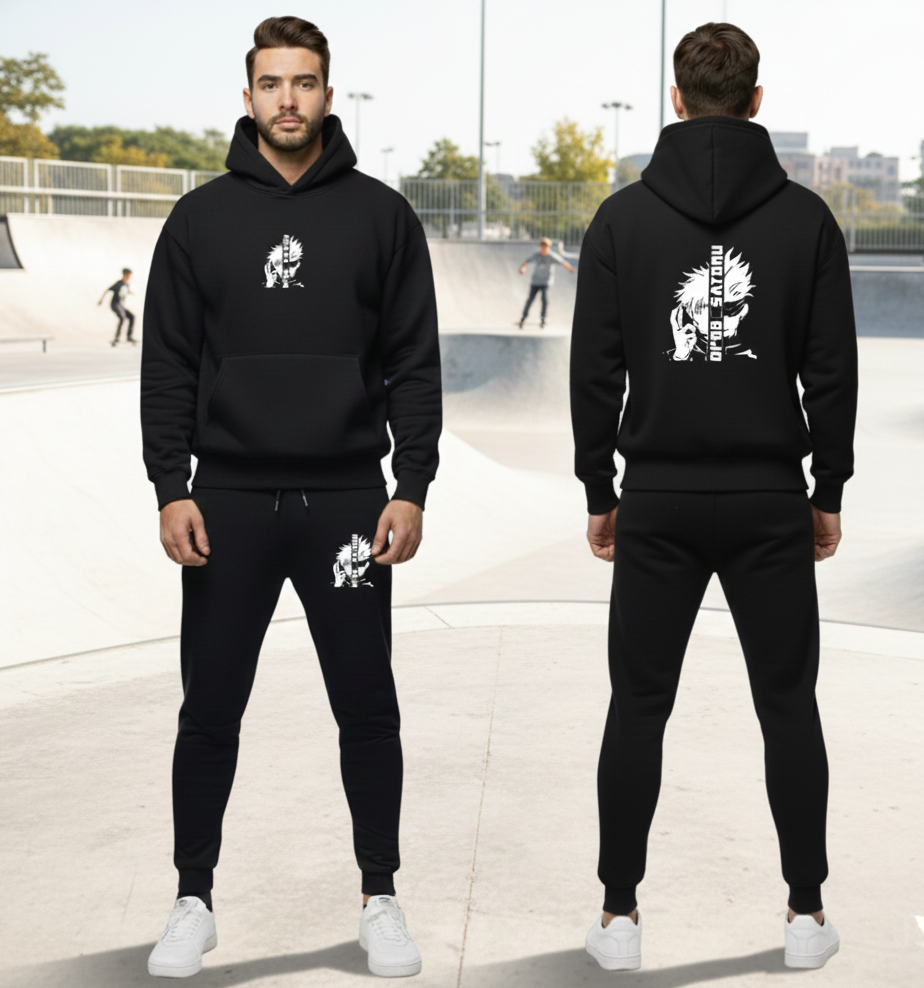 Urban Streetwear Tracksuit – Men’s Heavyweight Black Graphic Hoodie