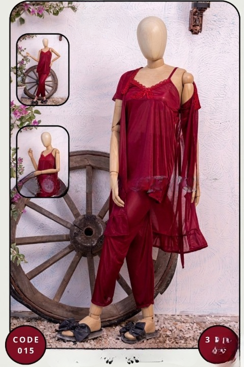 Luxury Silk 3-Piece Nightwear Set for Women – Free Size – Premium Satin Robe & Pajama Suit (SKU: R-015)