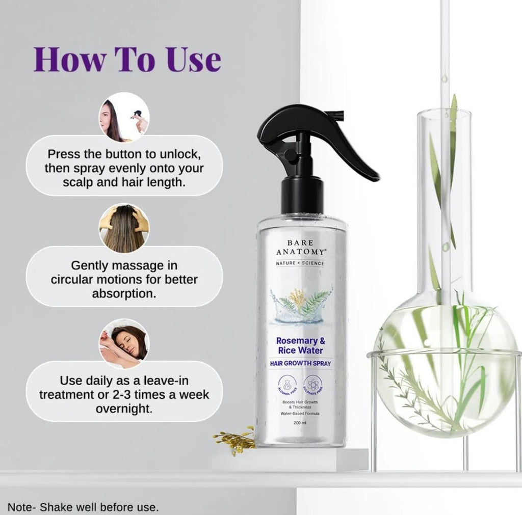 Bare Anatomy Rosemary And Rice Water Hair Growth Spray Boosts Thickness Controls Hair Fall 200Ml