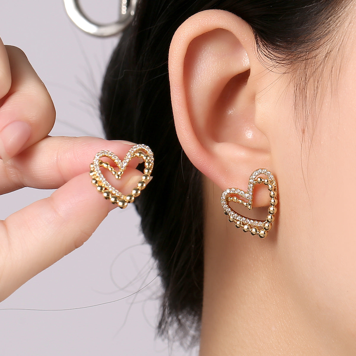 ZJE-164 Heart Shape Double Korean Earrings – Elegant Fashion Jewellery, Stylish Accessory for Women