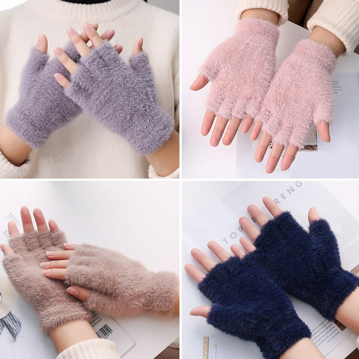 Girls Soft Plush Half Finger Gloves | Warm Fuzzy Fingerless Winter Gloves for Writing, Typing & Outdoor Use  random colours