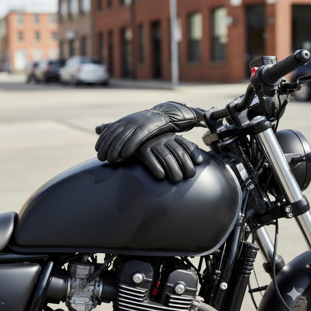 Men’s Genuine Sheep Leather Winter Gloves – Black Motorcycle Riding Gloves with Warm Lining