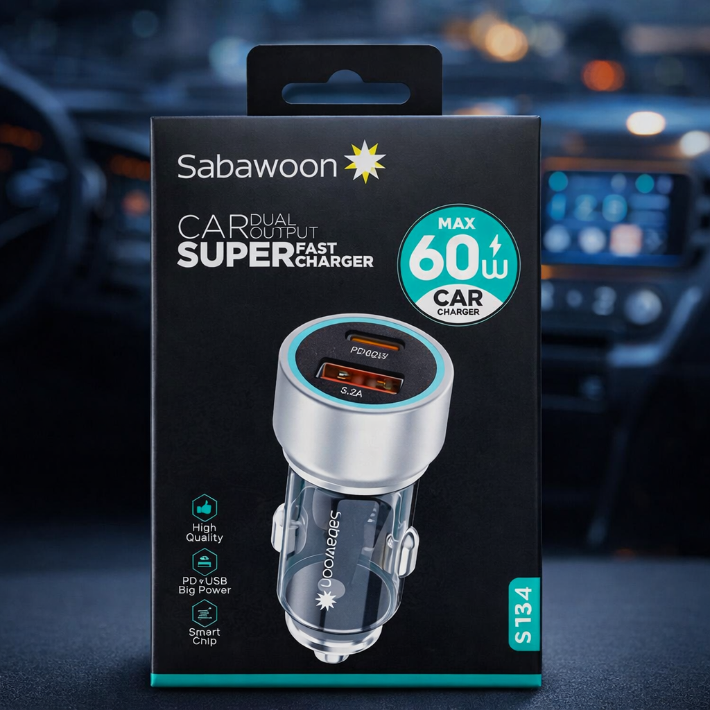 Sabawoon S134 60W Original Car Charger Adapter – PD + USB Dual Port Fast Charging for All Mobile Phones