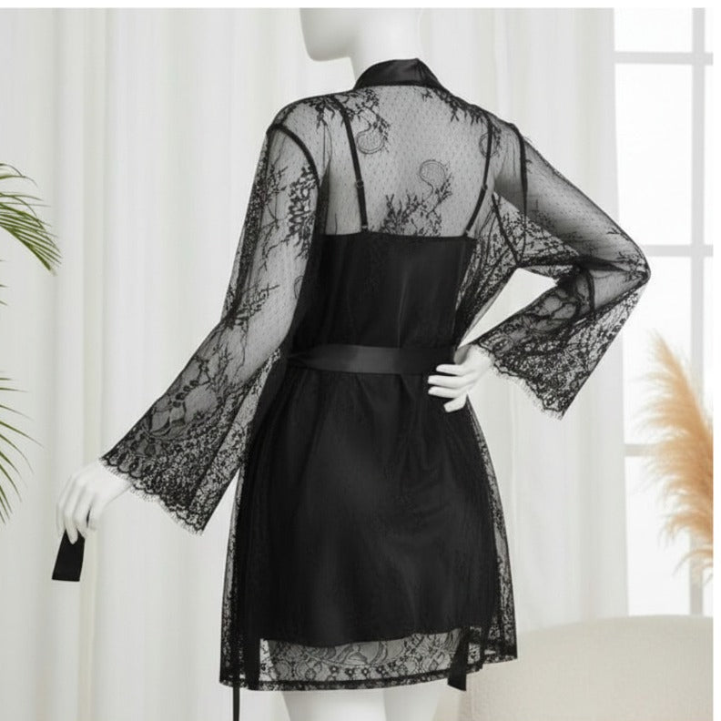 Soft Lace Robe & Silk Inner – 2 Piece Transparent Net Gown Set | Free Size (Fits Up to 38” Chest)