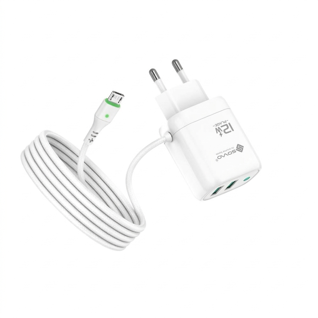 SOVO Flick Series SG-221 12W Fast Charger with Micro & Type-C USB Cable – 2.4A Auto ID Adaptive Charging