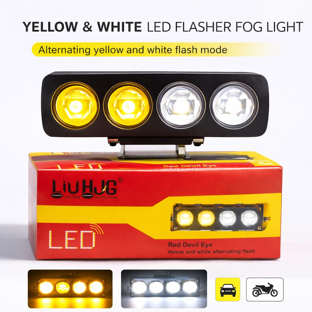 4 Lens Flasher Fog Light 40W – Dual Color White & Yellow LED Strobe Light for Bike & Car (DC 9V–80V)