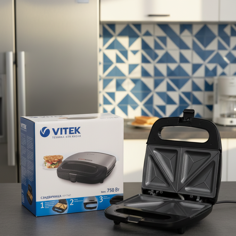 Vitek VT‑7147 Sandwich Maker | 750W | Non-Stick Plates | 4 Triangular Toasts | Compact & Safe Design