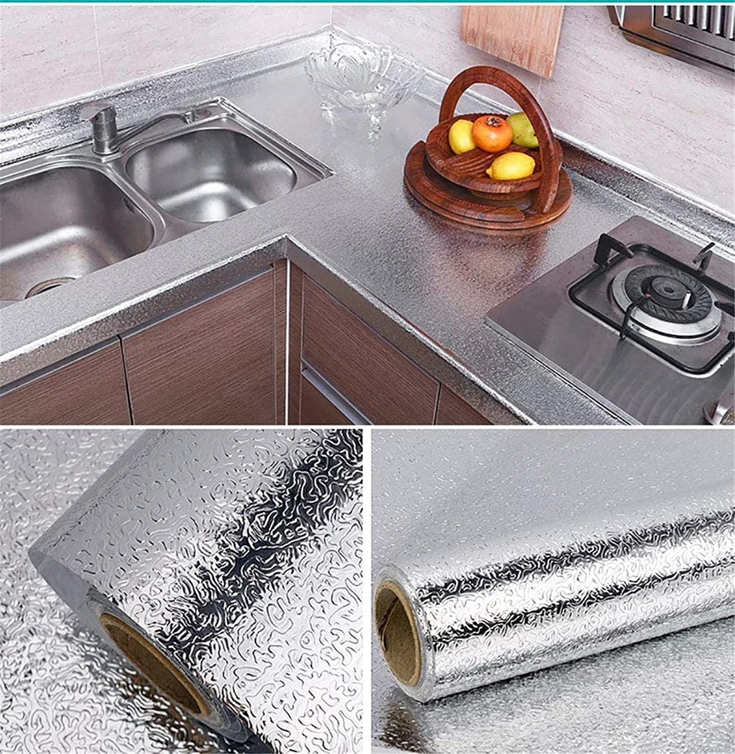 Silver Foil Kitchen Waterproof & Oil Proof Self-Adhesive Sticker Roll – Aluminum Heat Resistant Wallpaper for Stove, Cabinets & Walls (60×200cm)