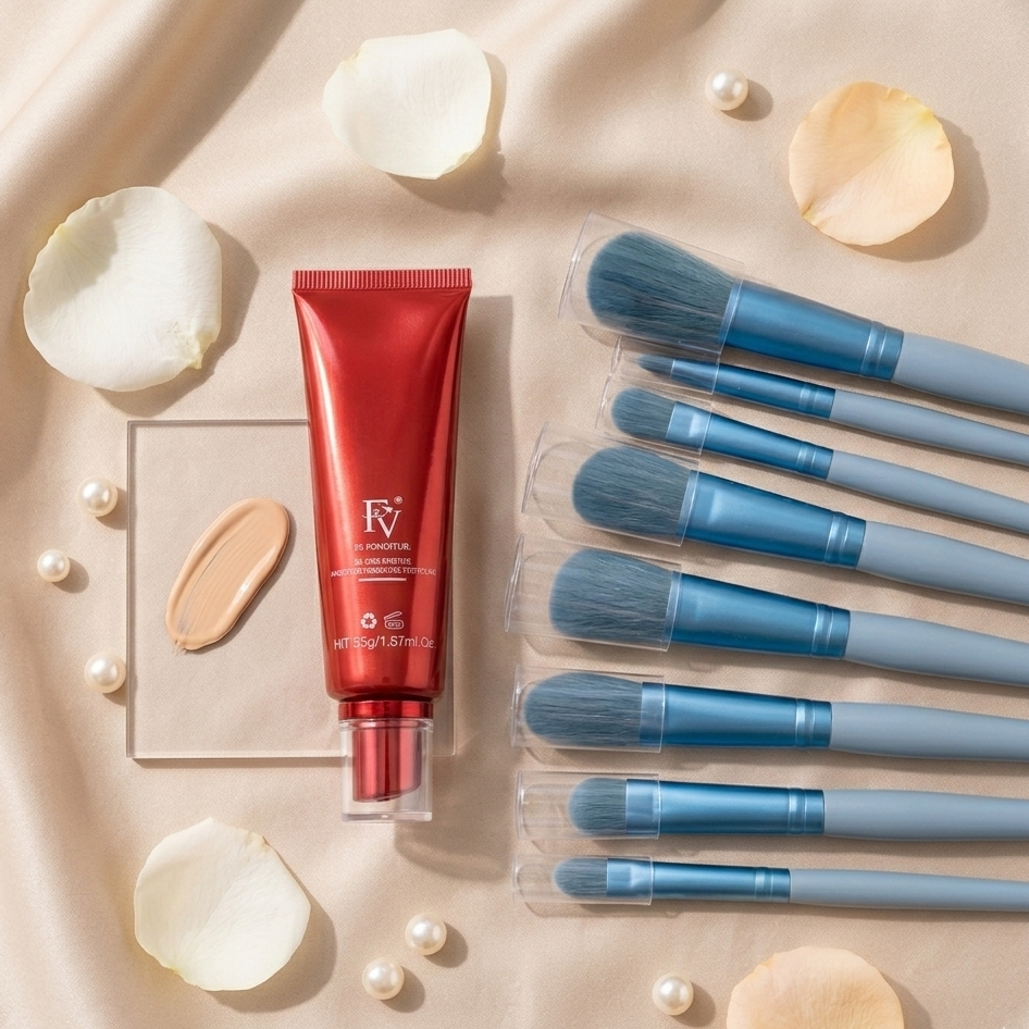Ivory Shade FV Foundation With 8 Pcs Makeup Brush Set – Full Coverage Face Makeup Kit For Women
