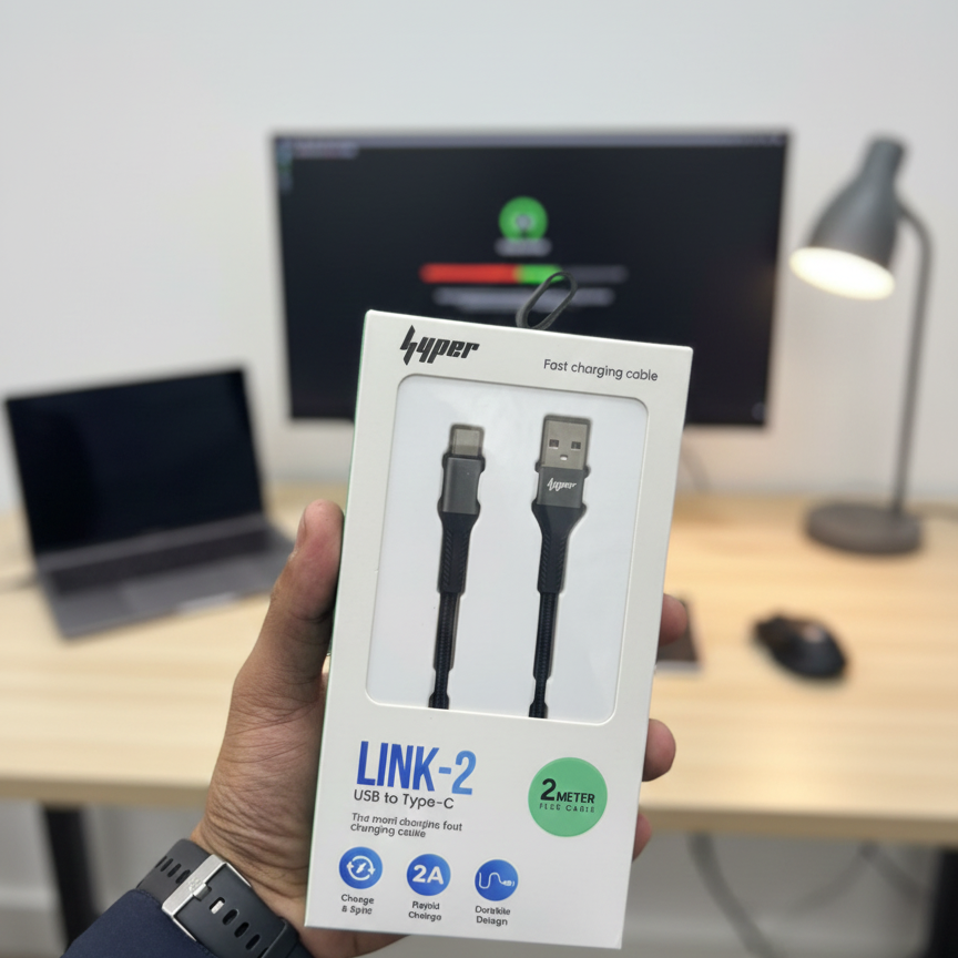 Yolo Hyper LINK-2 USB to Type C Charging Cable (Y-084) – Durable Nylon Braided, 2m, Fast 2A Charging & Data Transfer