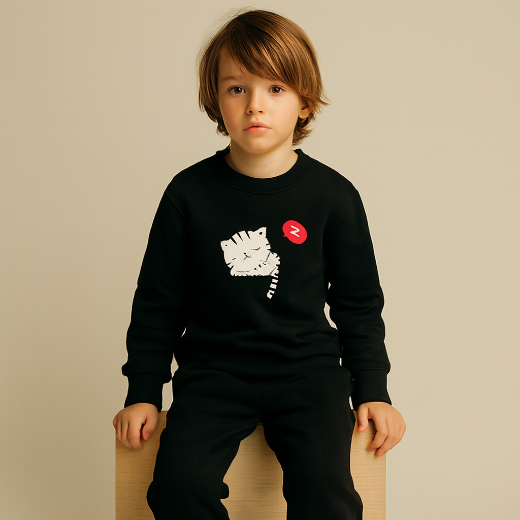 Black Cat Printed Kids Tracksuit | Winter Fleece Sweatshirt & Trouser Set for Boys & Girls – Warm, Cozy & Stylish Outfit FOR BABY AND KIDS