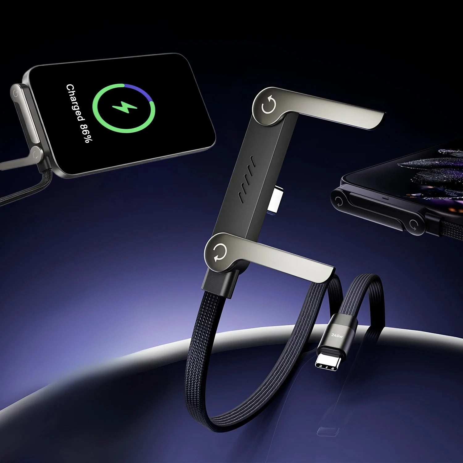 240W 2-in-1 USB-C Fast Charging Cable With Foldable Bracket | Type-C Data Cable & Desktop Holder