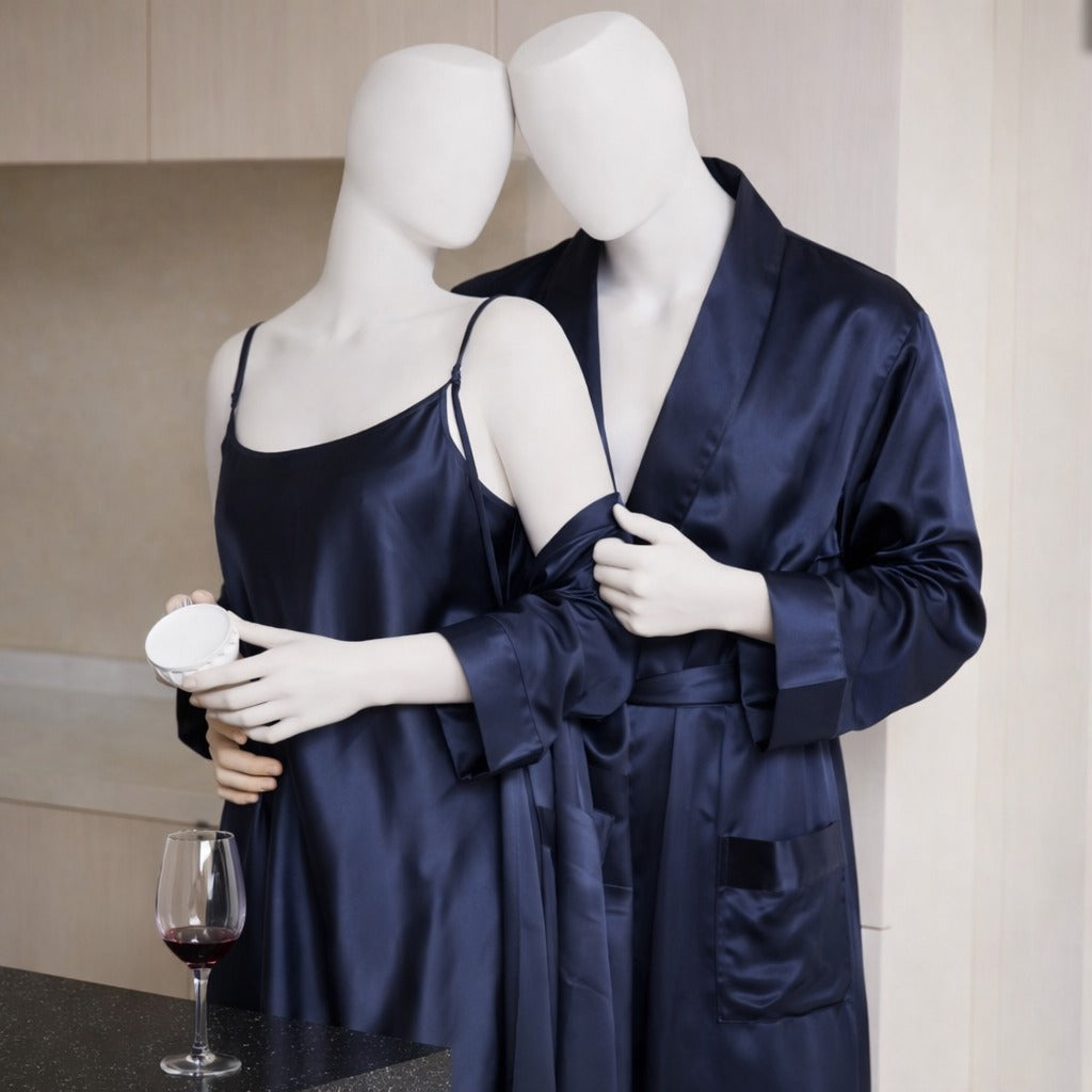 Premium Satin Silk Couple Gown Set (3 Pcs) – Elegant Matching Nightwear for Men & Women | Free Size | SKU: DC-C006