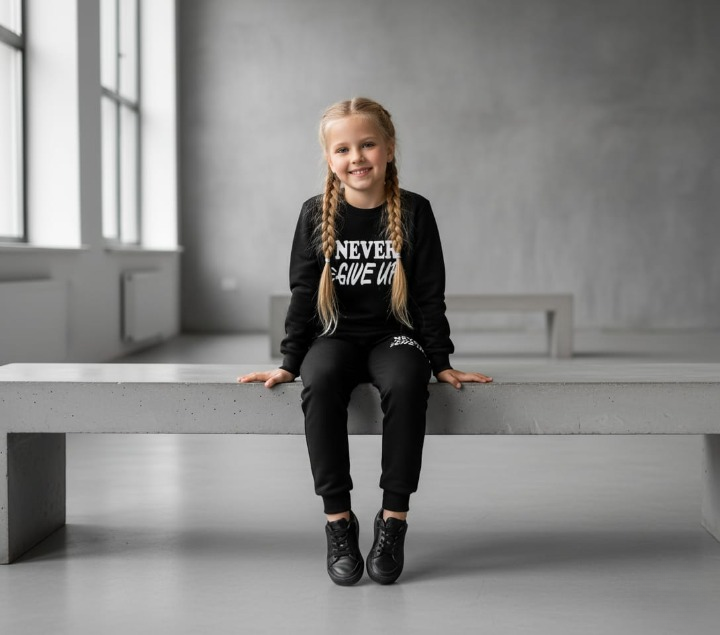 Kids “Never Give Up” Printed Black & Black Tracksuit Set | Winter Fleece Sweatshirt & Trouser Outfit for Boys & Girls – Warm & Motivational FOR BABY AND KIDS