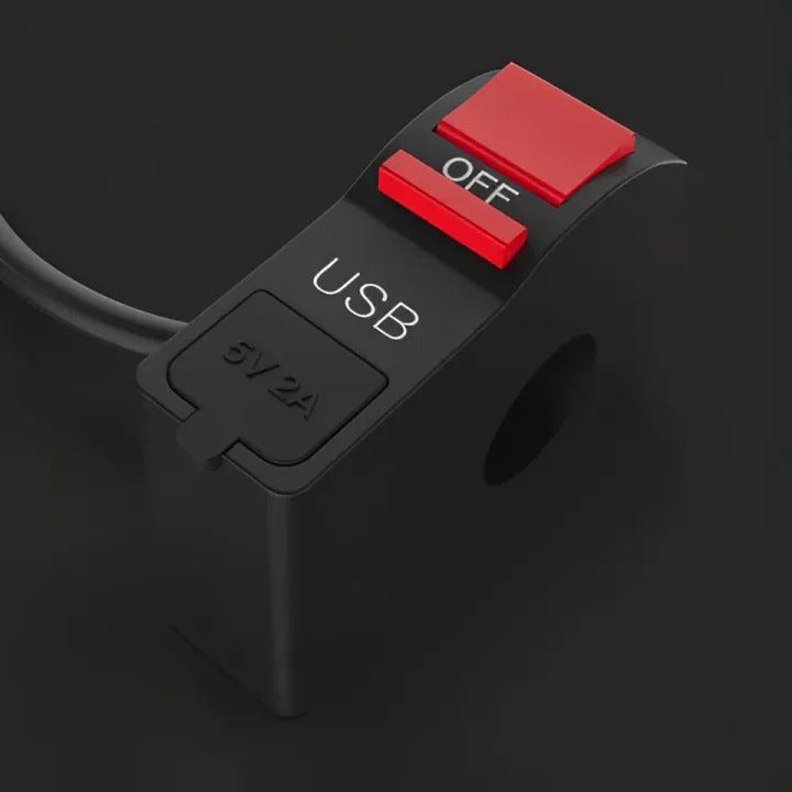 Universal Motorcycle Handlebar Switch with USB Port 5V 2A – ON/OFF Button & Extra Lights Control Switch for Bikes