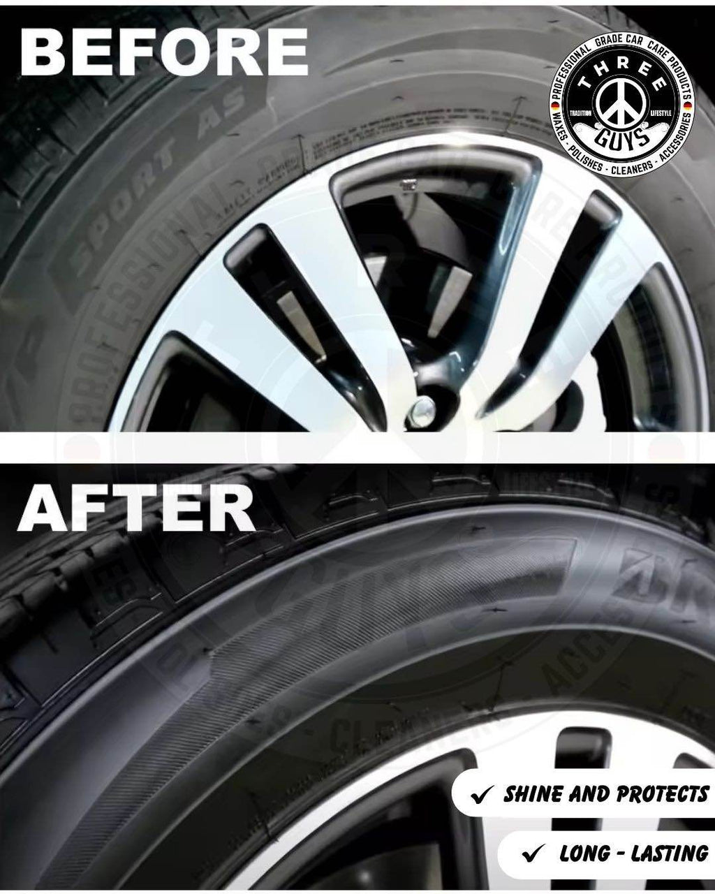 Three Guys Tire Shine Plus 250ml – Streak-Free Shine Cleans And Protects Long-Lasting Wet Look Premium Tire Care Spray
