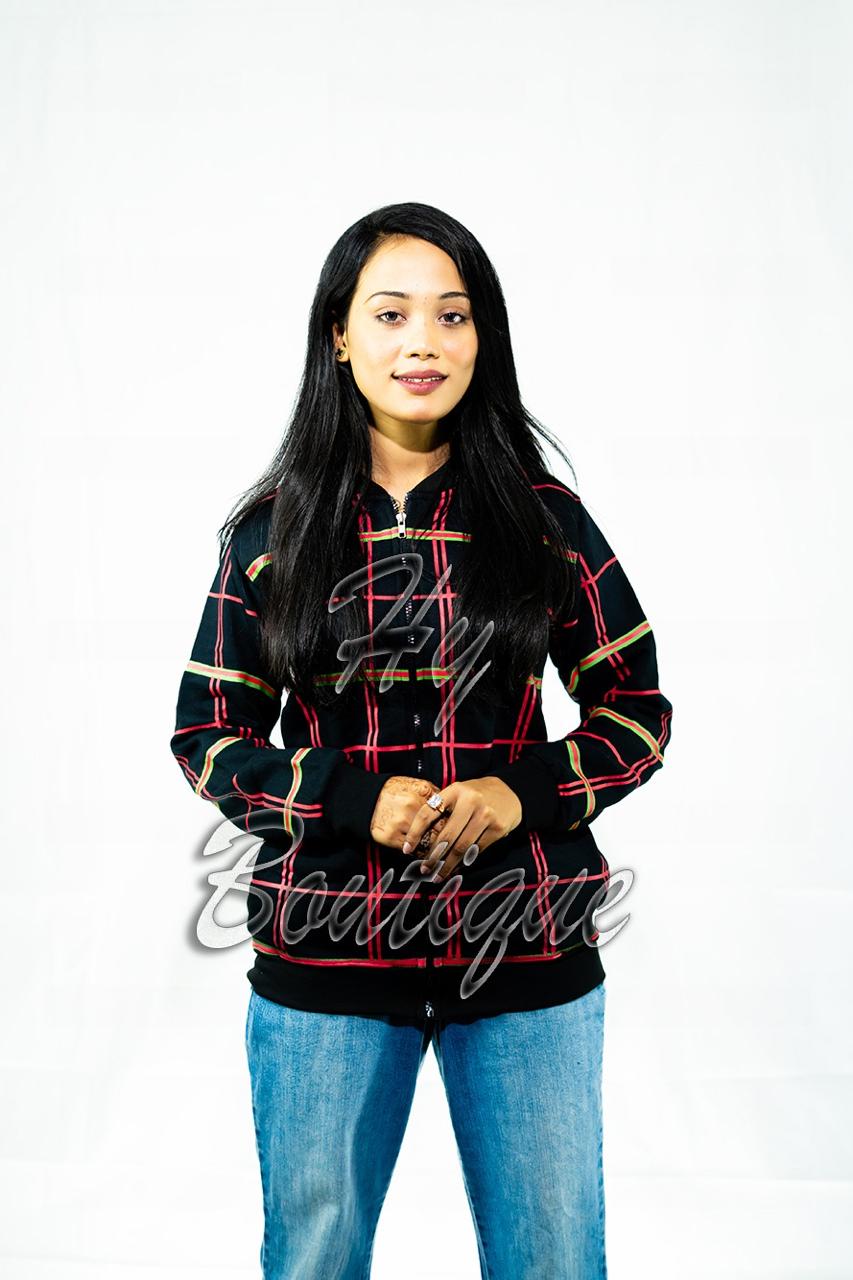 Winter Collection Women’s Red & Green Lining Print Jacket | Stylish & Warm Outerwear | Trendy Winter Fashion for Ladies