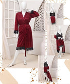 Women's Luxury Silk Nightwear Set with Black Lace – 3 Piece Robe & Slip Dress SKU R-011 Free Size