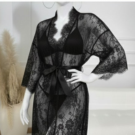 3 Piece Net Gown Set with Bra & Panty | Soft Lace Robe Lingerie | Free Size (fit upto 38 chest)