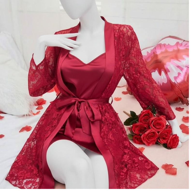 Soft Lace Robe & Silk Inner – 2 Piece Transparent Net Gown Set | Free Size (Fits Up to 38” Chest)