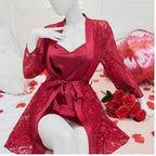 Soft Lace Robe & Silk Inner – 2 Piece Transparent Net Gown Set | Free Size (Fits Up to 38” Chest)