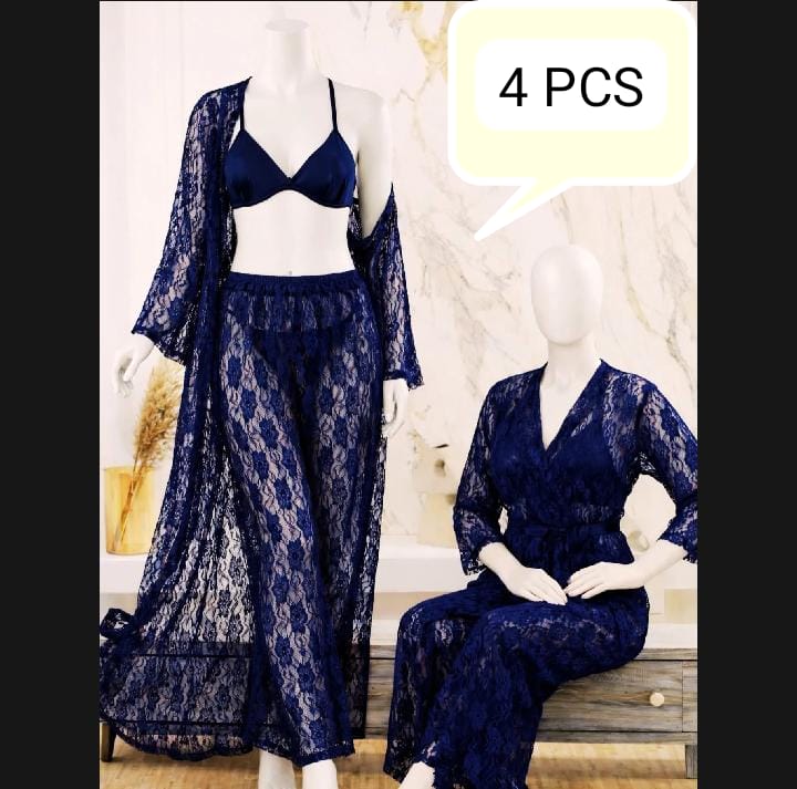 Luxurious Net Transparent Lace 4-Piece Nightwear Set – Stylish Free-Size Lounge And Sleepwear Including Gown, Bra, Panty, And Trouser