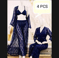 Luxurious Net Transparent Lace 4-Piece Nightwear Set – Stylish Free-Size Lounge And Sleepwear Including Gown, Bra, Panty, And Trouser