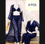 Luxurious Net Transparent Lace 4-Piece Nightwear Set – Stylish Free-Size Lounge And Sleepwear Including Gown, Bra, Panty, And Trouser