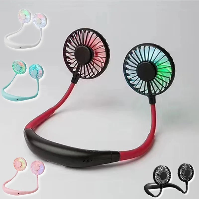Lazy Portable Silent Neck Fan – Wearable Rechargeable Dual Fan with LED Light & 3-Speed Control (Random Color)