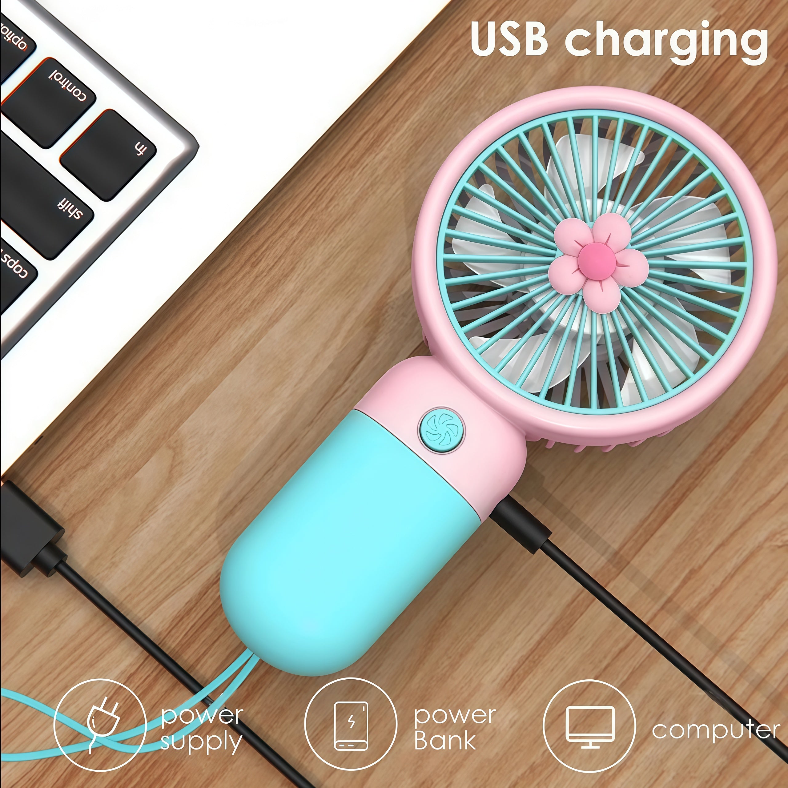 Portable Mini Rechargeable Fan with Desktop Stand, USB Charging Cable & Premium Box (Random Color)