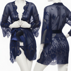 Single Pcs Women’s Net Transparent Sheer Lace Robe Gown – Long Sleeve Free-Size Nightwear With Satin Belt For Elegant And Stylish Comfort (DC-1051)