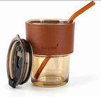 Premium Amber Glass Coffee Tumbler – Travel Mug with Leather Heat Sleeve, Glass Straw (400ml)