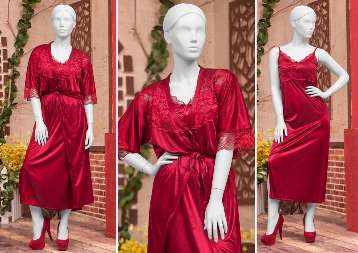 2 Pcs Luxury Satin & Lace Robe Nighty Set – Sensual Silk Gown for Women SKU R-003 Free Size