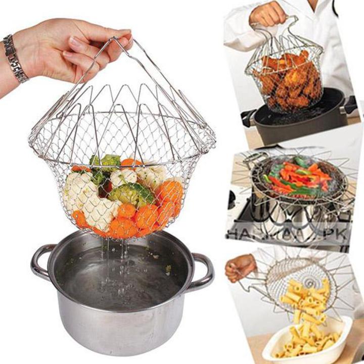 Stainless Steel Multi-Functional Foldable Chef Basket – Deluxe Kitchen Colander, Mesh Steam, Rinse, Strain & Fry Basket